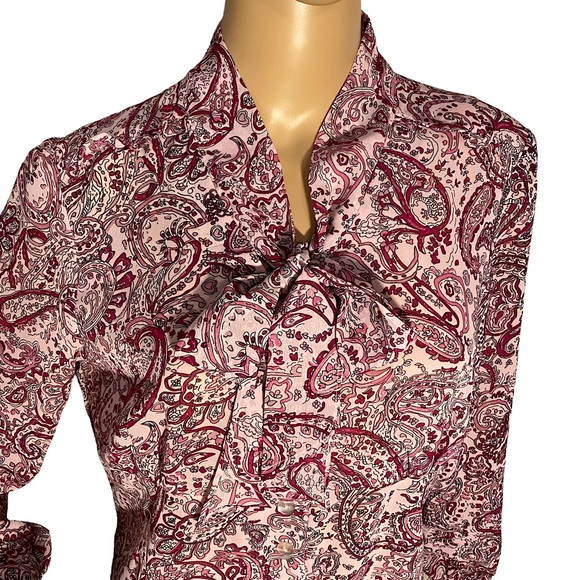VINTAGE DANA GIBSON SHIMMERY PAISLEY FLORAL RUFFLE SLEEVE PUSSY BOW BLOUSE  SZ M - Picture 7 of 16